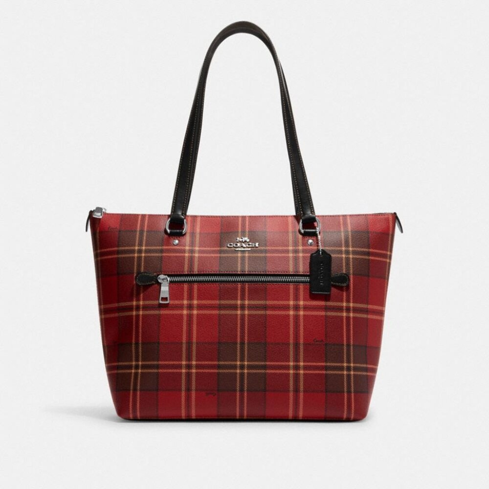 Coach Gallery Tote shoulder bag with tartan plaid print.